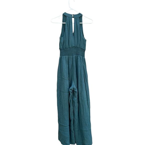 Anthropologie Green Halter Style Bionda Plisse Wide Leg Jumpsuit Pockets XSP - Picture 8 of 9